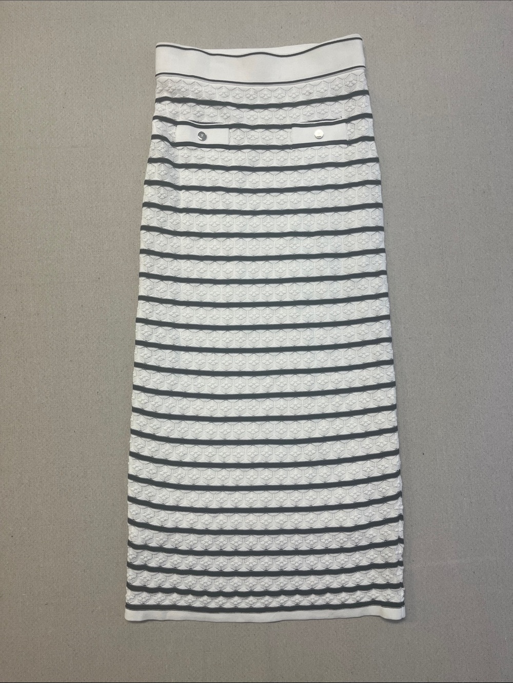 Elie Tahari XS White Black Stripe Knit Midi Pencil Skirt Stretch